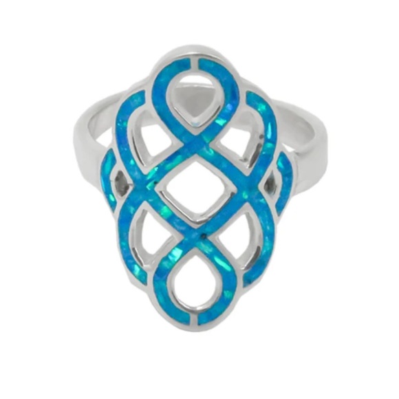 Handmade Jewelry - Blue Opal Sterling Silver Celtic Knots Ring EUC 7